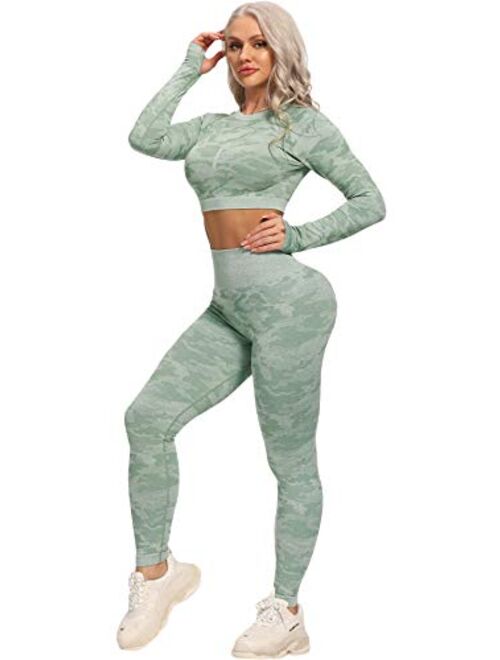 YOFIT Women's Workout Outfit 2 Pieces Seamless High Waist Yoga Leggings with Long Sleeve Crop Top Gym Clothes Set