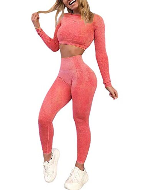 YOFIT Women's Workout Outfit 2 Pieces Seamless High Waist Yoga Leggings with Long Sleeve Crop Top Gym Clothes Set