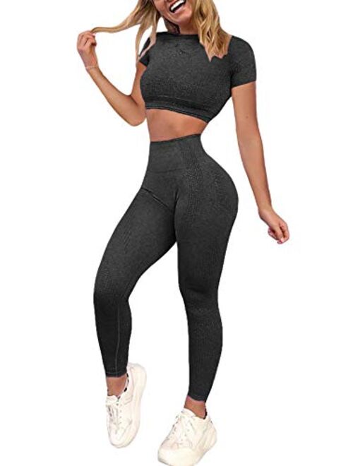 YOFIT Women's Workout Outfit 2 Pieces Seamless High Waist Yoga Leggings with Long Sleeve Crop Top Gym Clothes Set