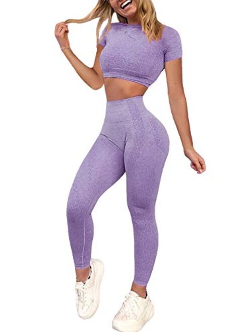 YOFIT Women's Workout Outfit 2 Pieces Seamless High Waist Yoga Leggings with Long Sleeve Crop Top Gym Clothes Set