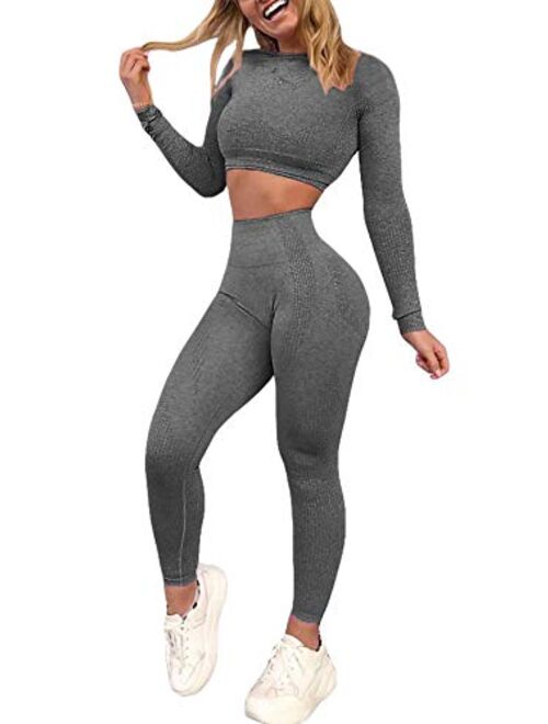 YOFIT Women's Workout Outfit 2 Pieces Seamless High Waist Yoga Leggings with Long Sleeve Crop Top Gym Clothes Set