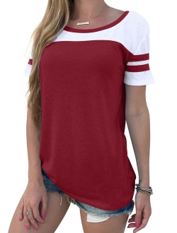 Nlife Women Stripe Stitching Short Sleeve Colorblock T-shirt