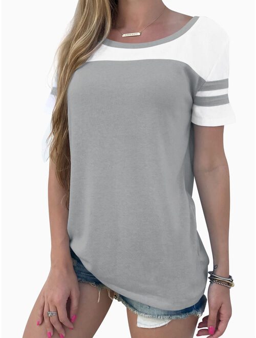 Nlife Women Stripe Stitching Short Sleeve Colorblock T-shirt