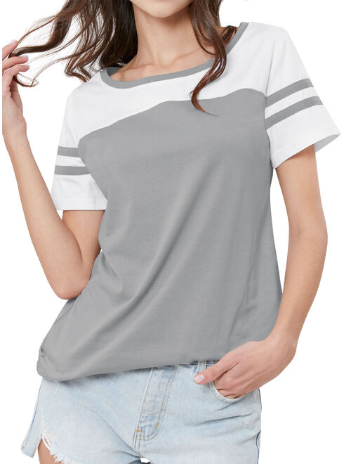 Nlife Women Stripe Stitching Short Sleeve Colorblock T-shirt