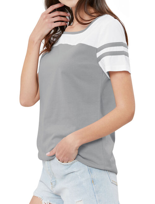 Nlife Women Stripe Stitching Short Sleeve Colorblock T-shirt