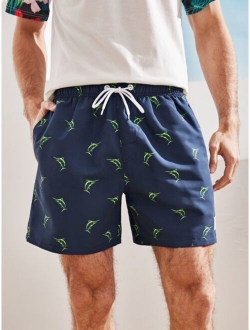 Men Fish Print Drawstring Waist Swim Trunks