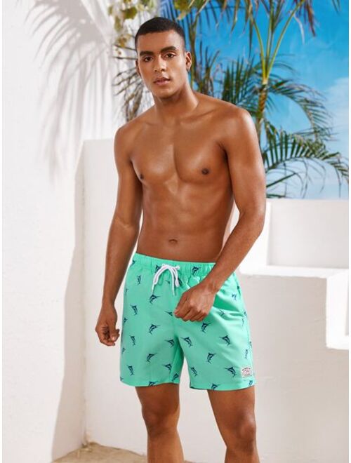 Shein Men Fish Print Drawstring Waist Swim Trunks