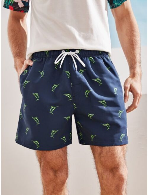 Shein Men Fish Print Drawstring Waist Swim Trunks