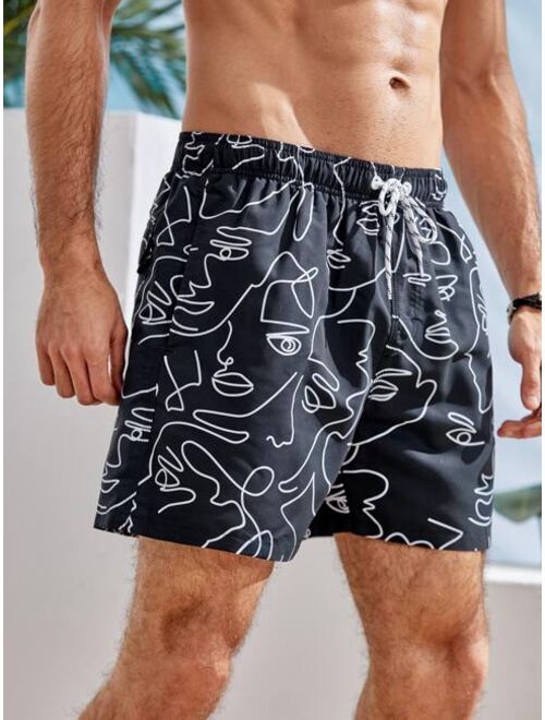 Buy Shein Men Abstract Figure Graphic Drawstring Waist Swim Trunks ...