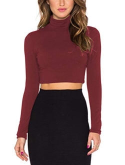 Women Long Sleeve Stretchy Crop Top Sexy Slim Fitted Cropped Shirts Turtleneck Crop Top