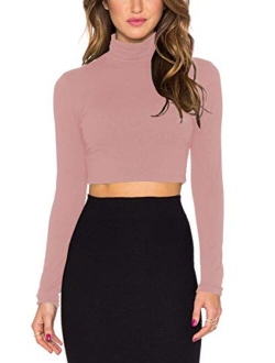 Women Long Sleeve Stretchy Crop Top Sexy Slim Fitted Cropped Shirts Turtleneck Crop Top