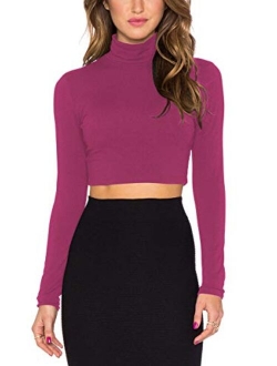 Women Long Sleeve Stretchy Crop Top Sexy Slim Fitted Cropped Shirts Turtleneck Crop Top