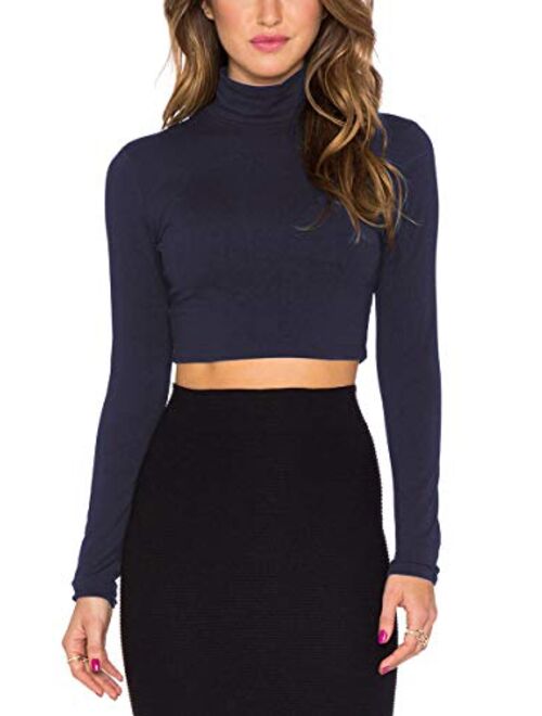 Bestisun Women Long Sleeve Stretchy Crop Top Sexy Slim Fitted Cropped Shirts Turtleneck Crop Top