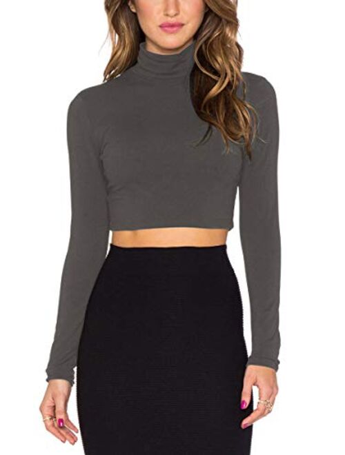 Bestisun Women Long Sleeve Stretchy Crop Top Sexy Slim Fitted Cropped Shirts Turtleneck Crop Top