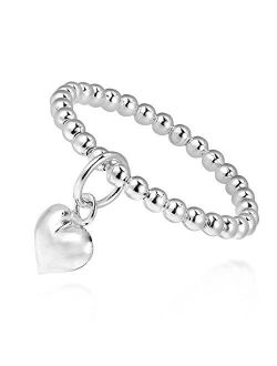 Adorable Heart Dangle Eternal Love Beaded Sterling Silver Ring