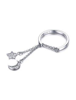 Fashion CZ Moon Star Eternity Promise Ring Sterling Silver Adjustable Crystal Tassel Chain Wedding Statement Rings Finger Tail Band Cute Jewelry Gifts