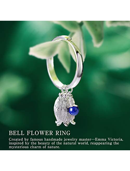 Lotus Fun 925 Sterling Silver Rings Natural Lapis Gemstone Fresh Redbud Bell Flower Open Ring Handmade Jewelry Unique Gifts for Women and Girls