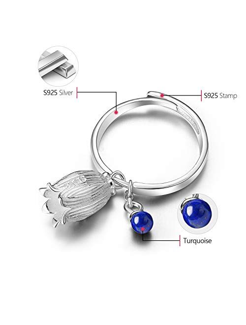 Lotus Fun 925 Sterling Silver Rings Natural Lapis Gemstone Fresh Redbud Bell Flower Open Ring Handmade Jewelry Unique Gifts for Women and Girls