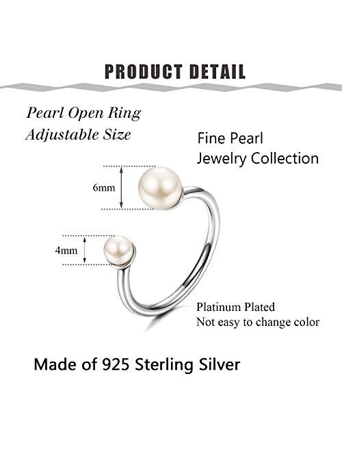 Sllaiss 925 Sterling Silver Pearl Open Ring Double Pearl Adjustable Ring for Women Girls