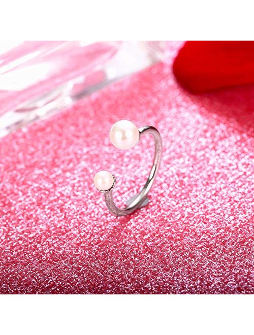 Sllaiss 925 Sterling Silver Pearl Open Ring Double Pearl Adjustable Ring for Women Girls