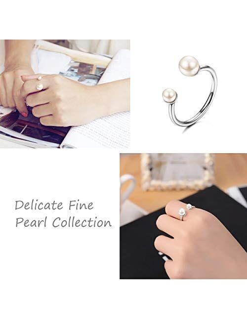 Sllaiss 925 Sterling Silver Pearl Open Ring Double Pearl Adjustable Ring for Women Girls