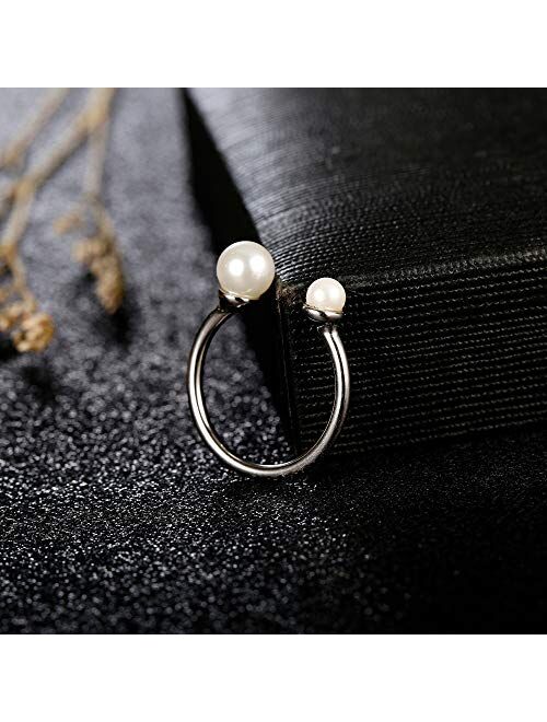 Sllaiss 925 Sterling Silver Pearl Open Ring Double Pearl Adjustable Ring for Women Girls