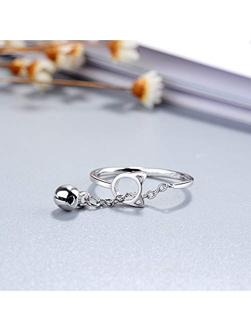 925 Sterling Silver Plated Two-tone Boho Cat and Bell Charm Women Adjustable Tassel Band Ring