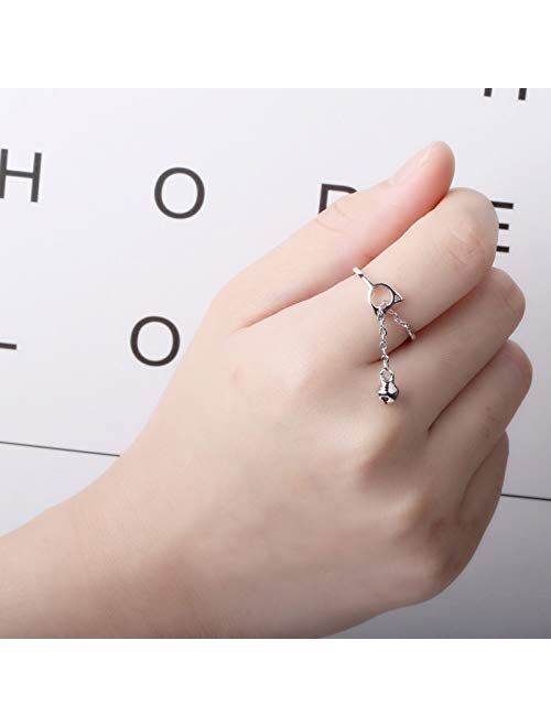 925 Sterling Silver Plated Two-tone Boho Cat and Bell Charm Women Adjustable Tassel Band Ring