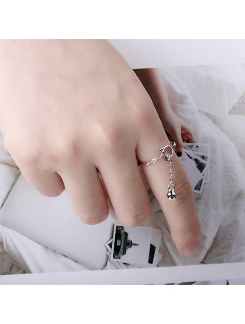 925 Sterling Silver Plated Two-tone Boho Cat and Bell Charm Women Adjustable Tassel Band Ring