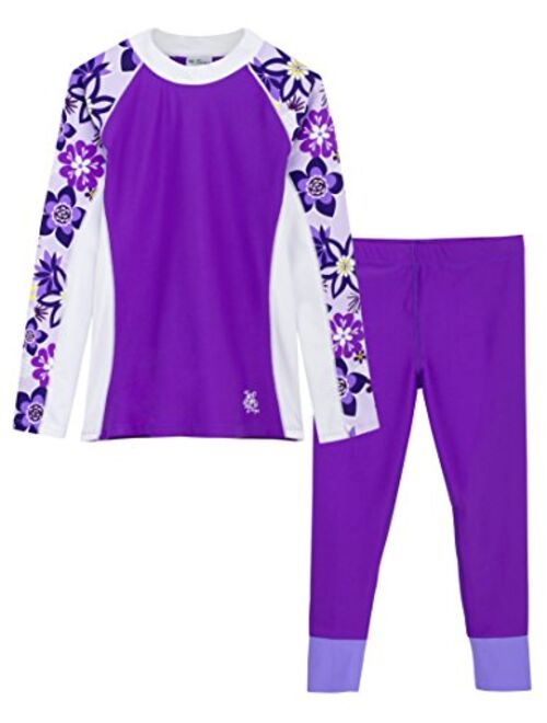 Tuga Girls Long Sleeve Rash Guard and Swim Legging Bathing Suit Set, UPF 50+