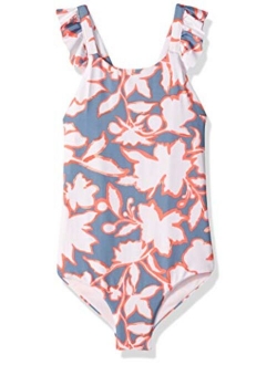 Girls' One Piece with Cross Back Ruffle Trim Straps Swimsuit