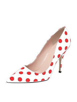 YDN Women Chic Pointed Toe Slip on Stilettos Mid Heel Pumps Polka Dots Shoes for Party