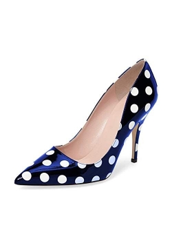 YDN Women Chic Pointed Toe Slip on Stilettos Mid Heel Pumps Polka Dots Shoes for Party