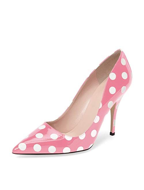 YDN Women Chic Pointed Toe Slip on Stilettos Mid Heel Pumps Polka Dots Shoes for Party