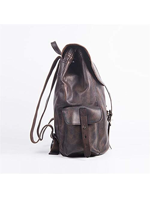 Men And Women Shoulder Backpack Leather British Casual Simple Schoolbag Cowhide Bucket Bag Light Brown