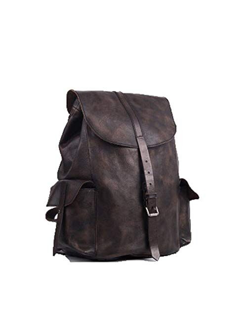 Men And Women Shoulder Backpack Leather British Casual Simple Schoolbag Cowhide Bucket Bag Light Brown