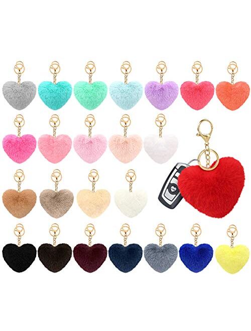 Colored Pom Pom Keychain Bulk Heart Fluffy Fur Puff Ball Key for Women