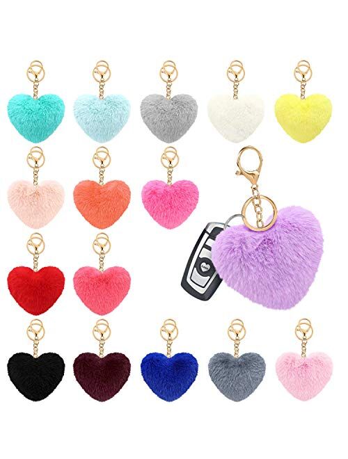 Colored Pom Pom Keychain Bulk Heart Fluffy Fur Puff Ball Key for Women