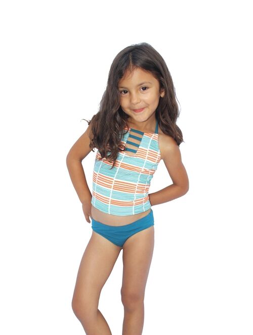 Little Girls Orange Stripe Running Lines Halter 2 Pc Tankini Swimsuit