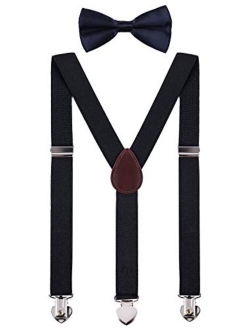 WDSKY Mens Boys Suspenders and Bow Tie Set for Wedding with Heart Clips