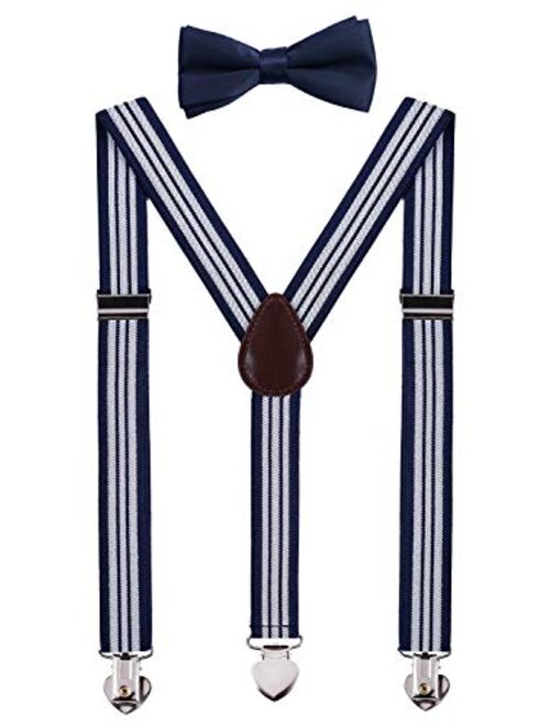 WDSKY Mens Boys Suspenders and Bow Tie Set for Wedding with Heart Clips