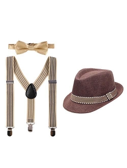 Kids 1920s Accessories Set Y-Back Adjustable Suspender Trim Fedora Hat 3PCS Wedding Party Outfit for Boys Girls 2-6T