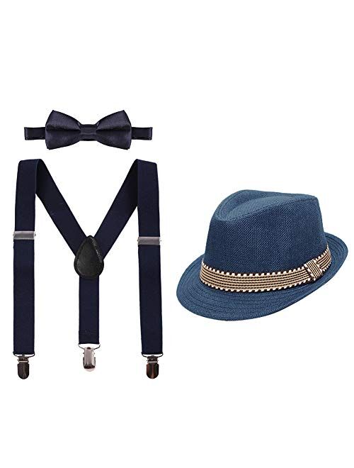 Kids 1920s Accessories Set Y-Back Adjustable Suspender Trim Fedora Hat 3PCS Wedding Party Outfit for Boys Girls 2-6T