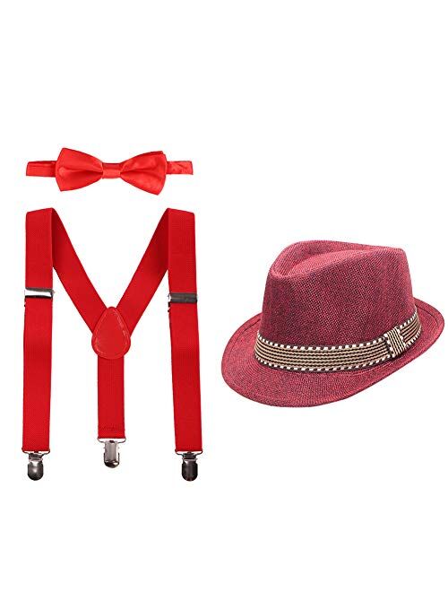 Kids 1920s Accessories Set Y-Back Adjustable Suspender Trim Fedora Hat 3PCS Wedding Party Outfit for Boys Girls 2-6T