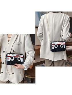 Kuang Women Retro Cassette Clutch Tape Shaped Recorder Shoulder Bag Elegant Banquet Evening Crossbody Handbag