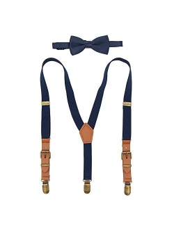 Boys Suspenders Bow Tie Set Tuxedo Braces with Leather and Bronze Clips for Kids