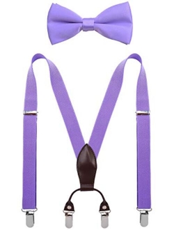 SUNNYTREE Boys Suspenders Bow Tie Set Adjustable Leather Y Back with 4 Clips