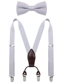 SUNNYTREE Boys Suspenders Bow Tie Set Adjustable Leather Y Back with 4 Clips