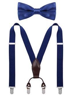 SUNNYTREE Boys Suspenders Bow Tie Set Adjustable Leather Y Back with 4 Clips