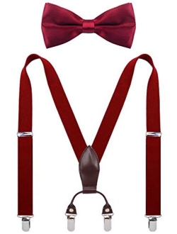 SUNNYTREE Boys Suspenders Bow Tie Set Adjustable Leather Y Back with 4 Clips